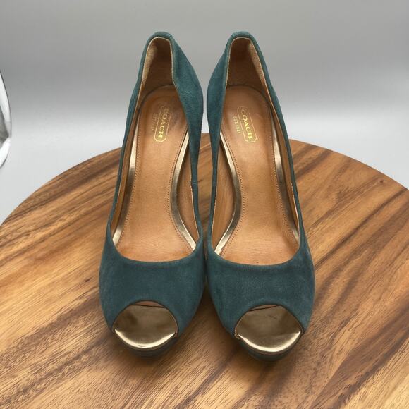 Coach High Heels Womens Size 9 B Green Leather Going Out Formal Peep Toe Shoes - Picture 2 of 8